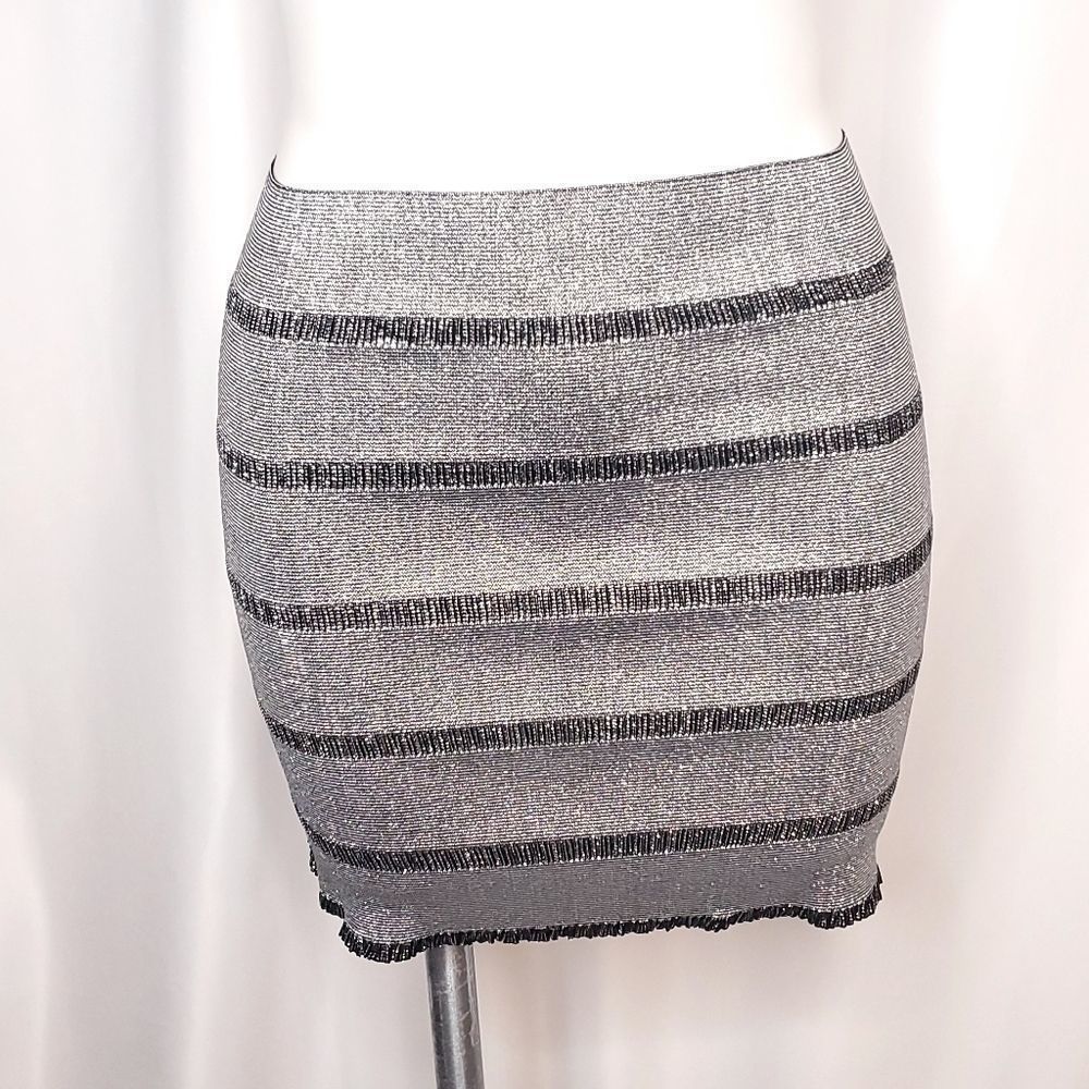 Cheryl Creations Metallic Stretch Bandage Mini Skirt Striped Silver One Size